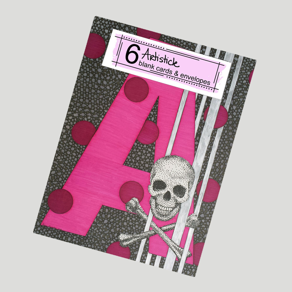 A Skull Note Cards, Pack Of 6 Cards, Monogram A Cards, Alphabet Letter A, Personal Stationery, Initial A Cards, Pink Grey Cards, Crossbones