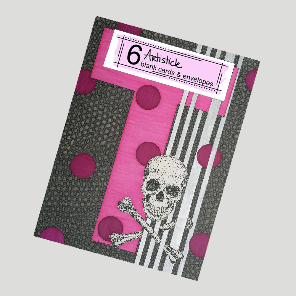 T Skull Note Cards, Pack Of 6 Cards, Monogram T Cards, Alphabet Letter T, Personal Stationery, Initial T Cards, Pink Grey Cards, Crossbones