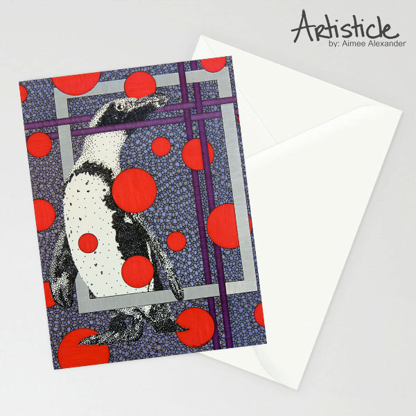 Penguin Greeting Card, Blank 5x7 Card, Bird Card, Penguin Stationery, Artisticle Card, Purple Red Card, Seasonal Card, Holiday Card, Modern