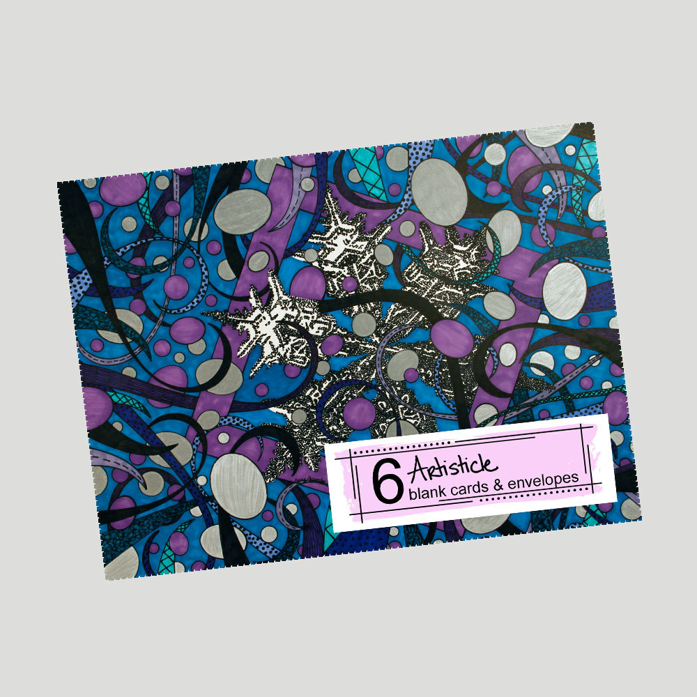 Snowflake Note Cards, Package Of 6 Cards, Winter Snow Cards, Holiday Stationery, Blue Purple Cards, Modern Art Card, Geometric Print